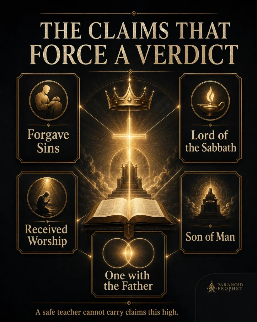 Infographic showing five claims of Jesus that force a verdict about His identity: forgiving sins, being Lord of the Sabbath, receiving worship, being one with the Father, and identifying as the Son of Man.