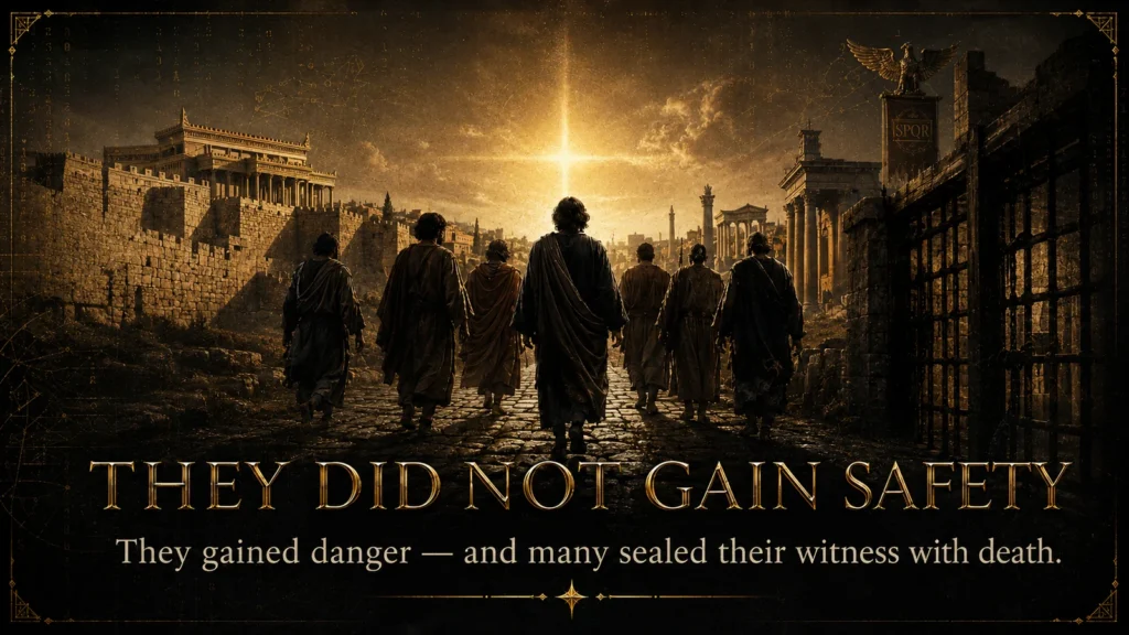 Early Christian witnesses walking from Jerusalem toward Rome under a cross-shaped light, showing that many disciples gained danger and sealed their witness with death.