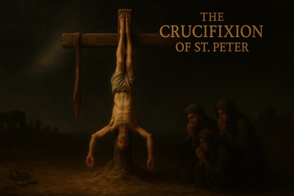 St. Peter crucified upside down with nails through his hands and feet, outstretched like Jesus, mourners praying at the foot of the cross