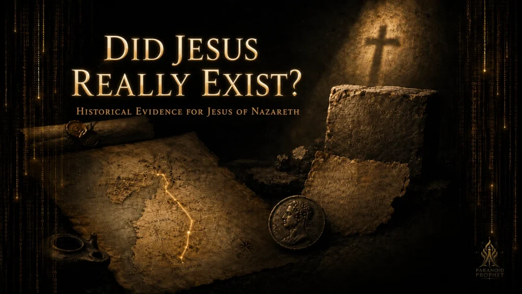 Featured image for an article on historical evidence that Jesus of Nazareth really existed, with ancient maps, manuscripts, Roman artifacts, and a cross-shadow.
