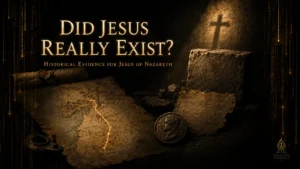Featured image for an article on historical evidence that Jesus of Nazareth really existed, with ancient maps, manuscripts, Roman artifacts, and a cross-shadow.