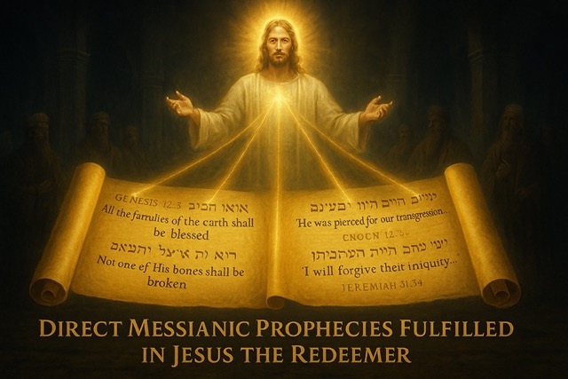 A digital painting shows Jesus Christ surrounded by glowing scripture scrolls in a dark sacred setting. Key prophecy verses — Genesis 12:3, Isaiah 53, Exodus 12, and Jeremiah 31 — float around Him, symbolizing their fulfillment through His atoning work.