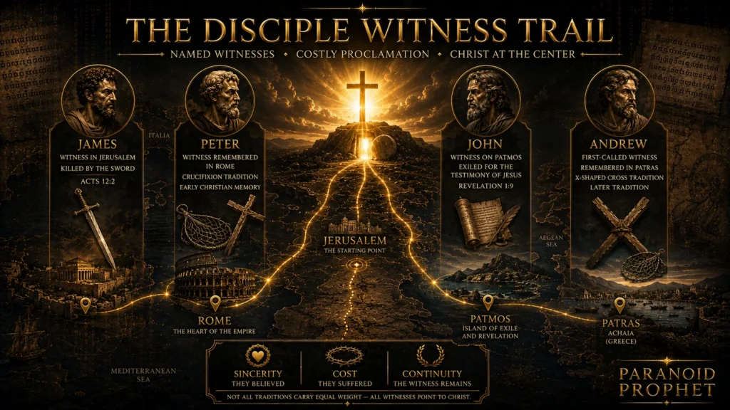 A disciple witness trail showing James, Peter, John, and Andrew pointing toward Christ.