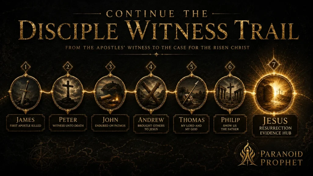 Gold-on-black infographic showing the disciple witness trail from James, Peter, John, Andrew, Thomas, and Philip to Jesus and the resurrection evidence hub.