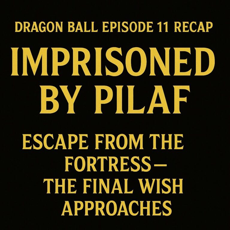 Dragon Ball Episode 11 title card with gold serif text on black background: “Imprisoned by Pilaf – Dragon Ball Episode 11 Recap.”
