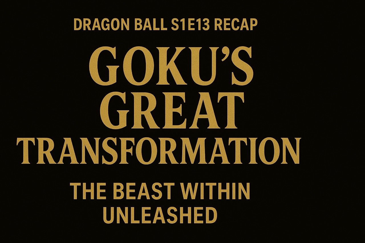 Dragon Ball Episode 13 title card with gold text on black background: “Goku’s Great Transformation – Dragon Ball S1E13 Recap.”