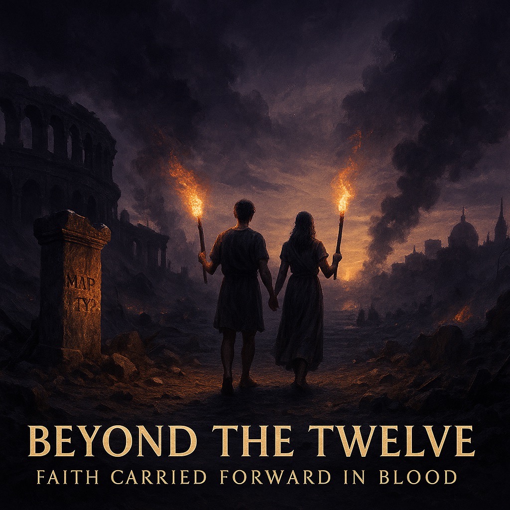 “Cinematic painting of early Christian martyrs walking through ruins at dawn with torches in hand, symbolizing disciples who died for Christ beyond the twelve apostles.”