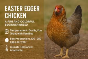 Easter Egger chicken standing on green grass with colorful pastel egg icons and gold serif text that reads “Easter Egger – A Fun and Colorful Beginner Chicken Breed”