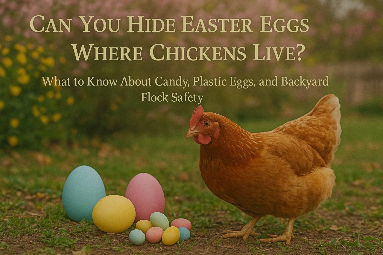 A curious backyard chicken standing beside colorful plastic Easter eggs and spring grass, with pastel lighting and overlaid gold text reading “Can You Hide Easter Eggs Where Chickens Live?”