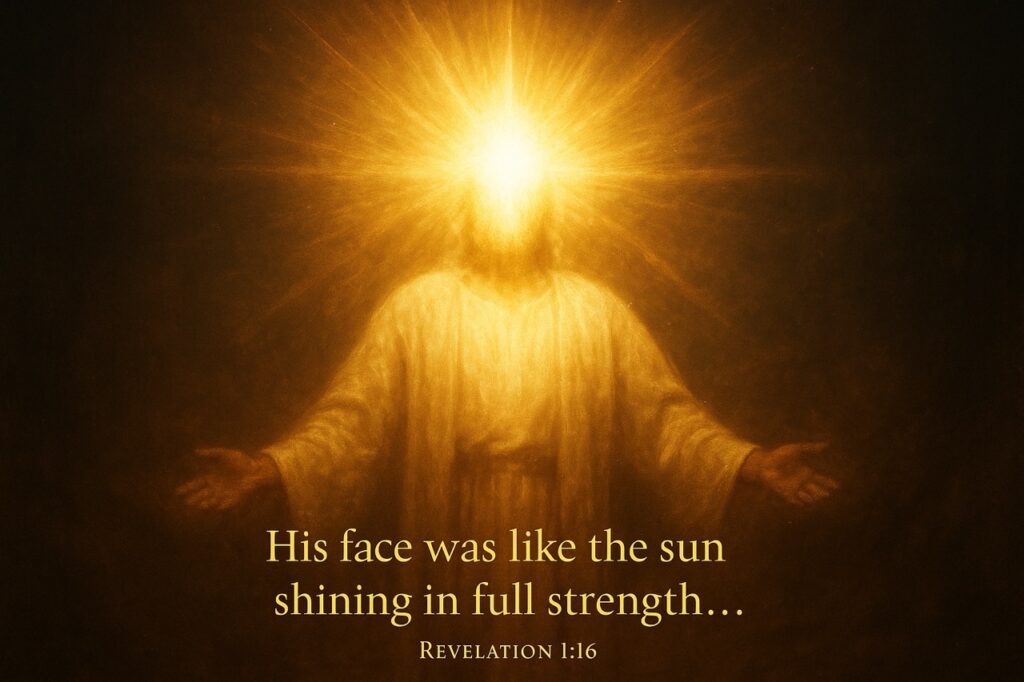 “Cinematic image of Jesus in Revelation 1:16 with face glowing like the sun in full strength, surrounded by divine light, captioned with gold serif text.”