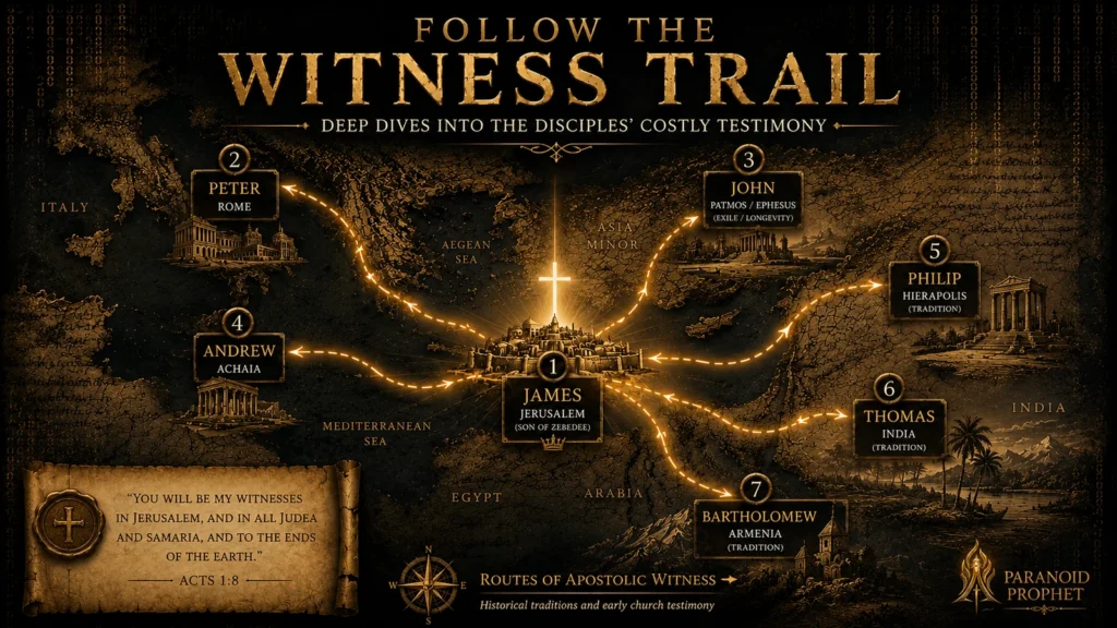 Ancient map showing the witness trail of Jesus’ disciples from Jerusalem to Rome, Achaia, Patmos, Hierapolis, India, and Armenia.