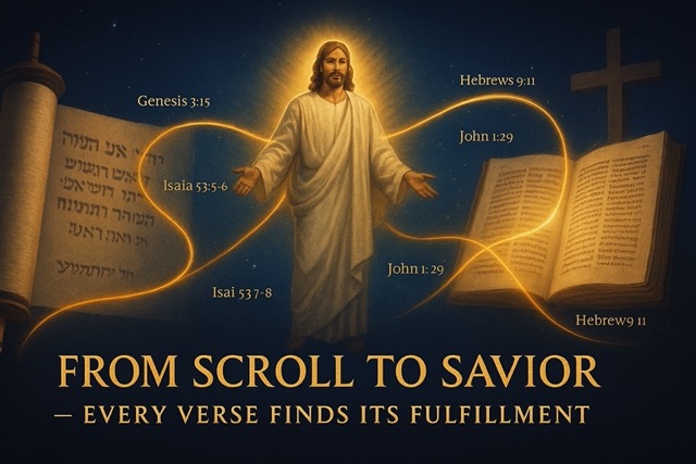 Illustration of ancient scrolls unfurling into scenes of Jesus fulfilling Old Testament prophecy — including crucifixion, resurrection, and priestly imagery — symbolizing the connection between scripture and the Redeemer.