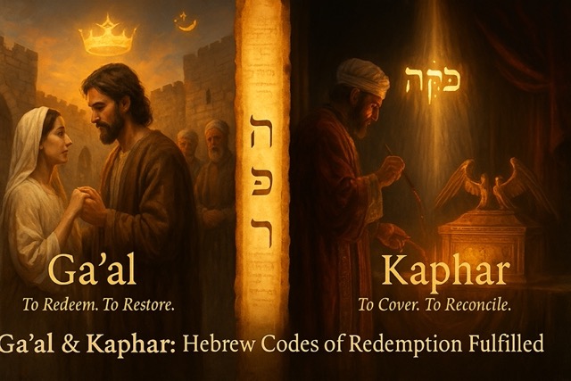 “A digital painting diptych showing Ga’al (kinsman-redeemer) and Kaphar (atonement), visualizing how Hebrew prophecy points to Jesus’ redemptive work.”