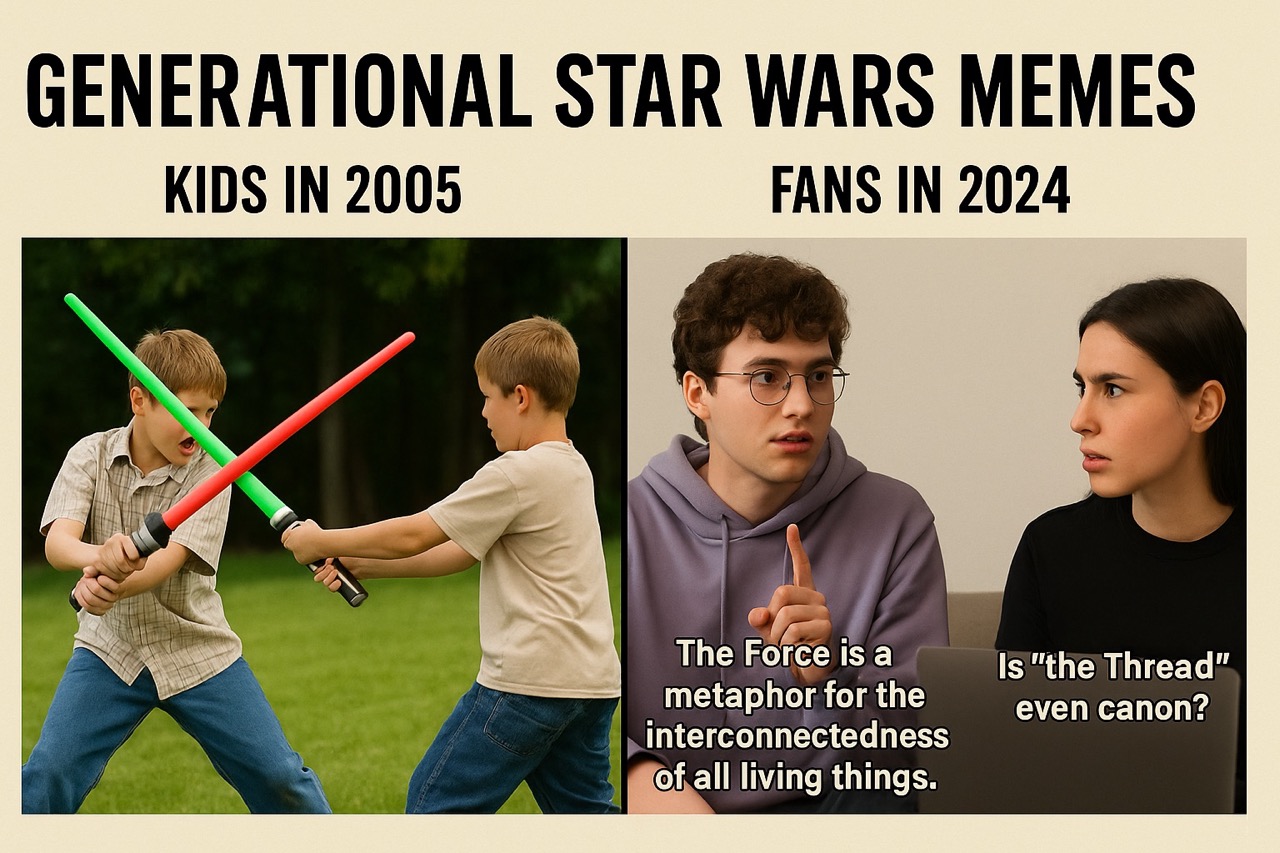 Meme comparing kids in 2005 reenacting Star Wars lightsaber battles with 2024 fans debating Force symbolism and canon identity.