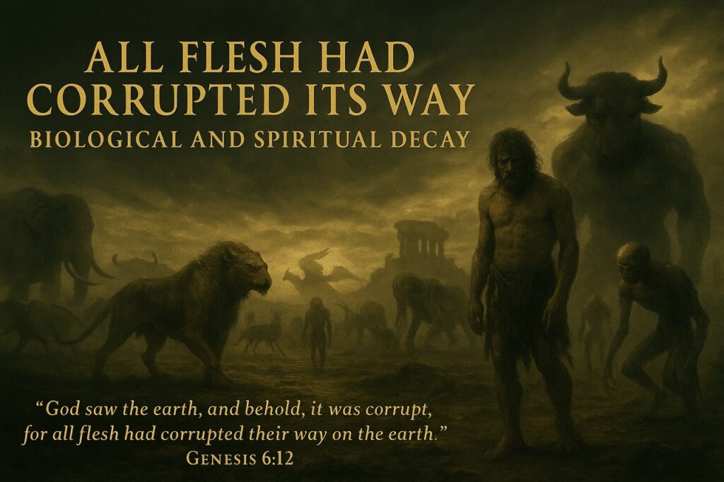 A realistic digital painting of distorted human-animal hybrids wandering a darkened pre-Flood earth under storm clouds, symbolizing the genetic and moral corruption of Genesis 6:12.