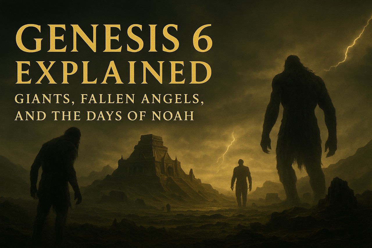 A cinematic digital painting of towering Nephilim giants walking near an ancient temple as storm clouds gather. Text overlay reads “Genesis 6 Explained – Giants, Fallen Angels, and the Days of Noah.”