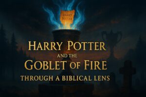 “Goblet of Fire biblical review image with enchanted goblet on stone altar, blue flame rising into stormy sky, symbolizing trials and spiritual testing.”