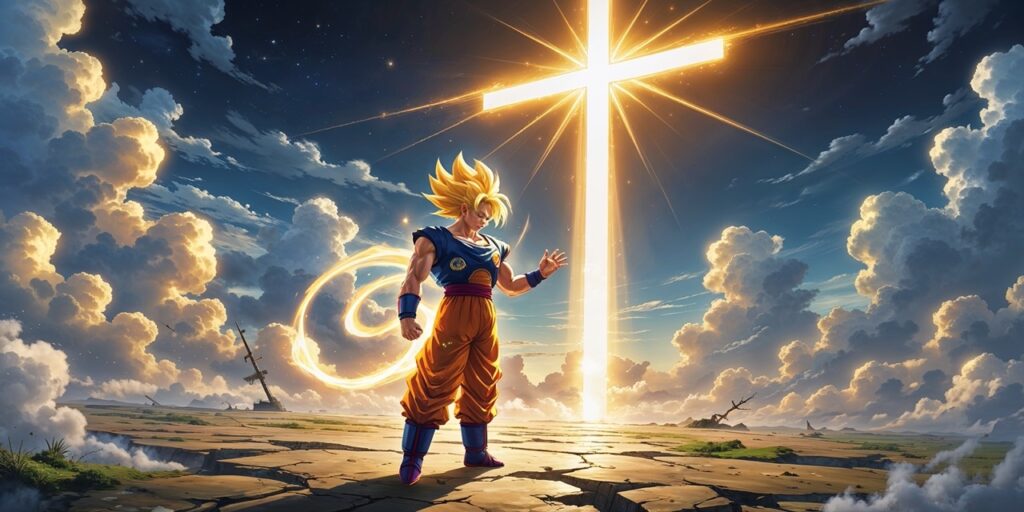 A cinematic anime-style image of Goku in Super Saiyan form reaching toward Cell, with a glowing cross in the sky behind him, symbolizing sacrifice and redemption.
