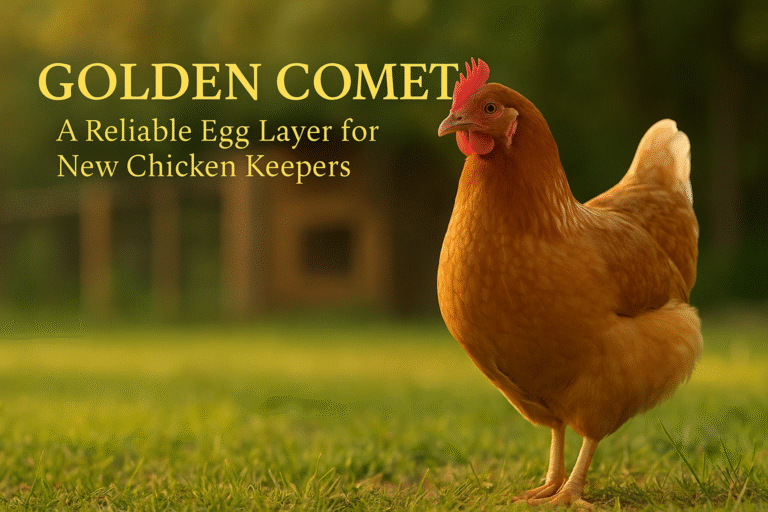 Golden Comet chicken standing on green grass in a warm backyard with gold serif text overlay that reads “Golden Comet – A Reliable Egg Layer for New Chicken Keepers”