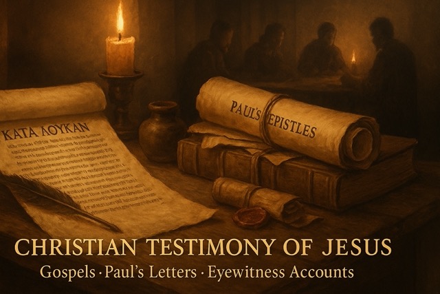 Ancient Gospel scrolls and early Christian manuscripts showing eyewitness testimony and historical accounts of Jesus