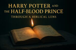 “Half-Blood Prince biblical review image showing an open potion-stained textbook glowing with firelight, symbolizing hidden sin and spiritual temptation.”