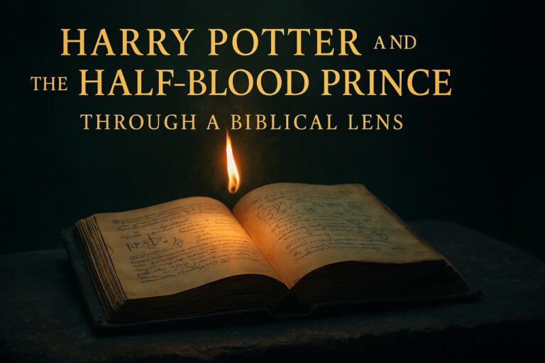 “Half-Blood Prince biblical review image showing an open potion-stained textbook glowing with firelight, symbolizing hidden sin and spiritual temptation.”
