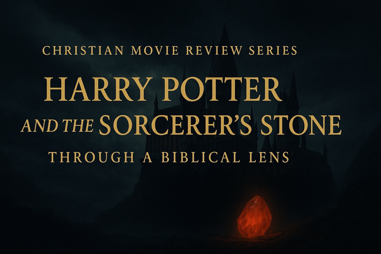 “Harry Potter and the Sorcerer’s Stone Through a Biblical Lens – cinematic review image showing Hogwarts at night with glowing red Sorcerer’s Stone and gold Christian title text.”