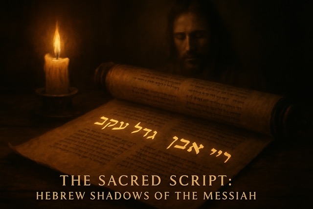 A sacred digital painting featuring ancient Hebrew text glowing across scrolls and stone, with the shadow of Jesus carrying the cross in the background. The image symbolizes the prophetic weight of Hebrew words like “gadal aqev” and “ro’i” which foretold Jesus' betrayal and rejection.