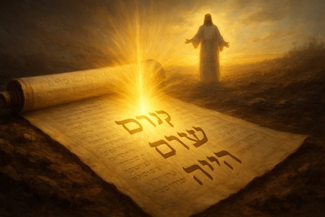Ancient Hebrew scroll with glowing words shachat, qum, and chayah — visualizing resurrection prophecy through original language.