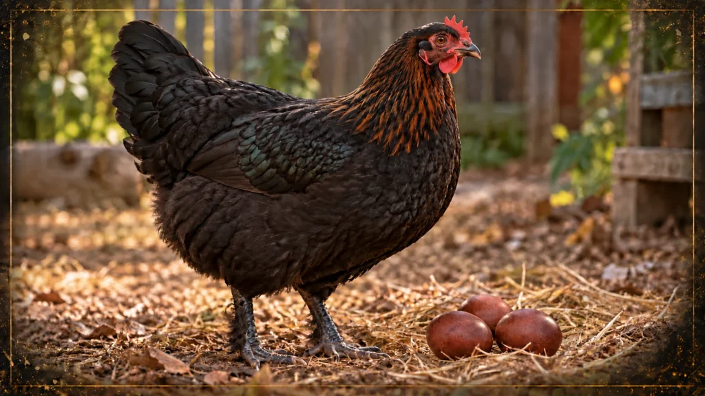 Black Copper Marans hen with a black body, copper neck markings, red single comb and lightly feathered slate legs beside three dark reddish-brown eggs.