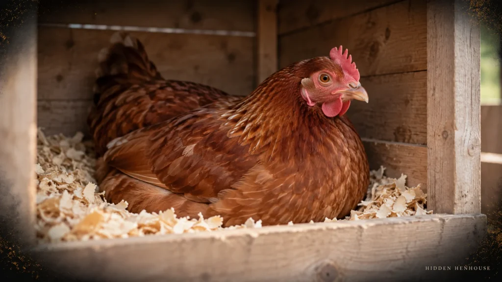 Illustration of an alert reddish-brown hen seated in a wooden nest box with dry pine shavings.