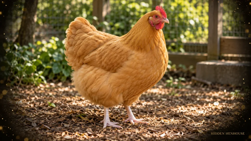 Buff Orpington hen with rounded golden-buff plumage, red single comb and clean pale legs in a shaded backyard run