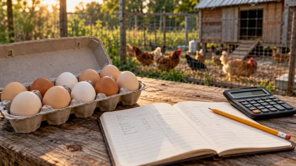 Carton of eggs beside an open ledger, pencil and calculator, with hens behind a fence in the background.