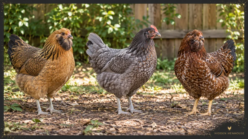 Three illustrative Easter Egger-type hens with different gold, gray and chestnut plumage, facial feathering and comb shapes in a backyard run