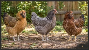 Three illustrative Easter Egger-type hens with different gold, gray and chestnut plumage, facial feathering and comb shapes in a backyard run
