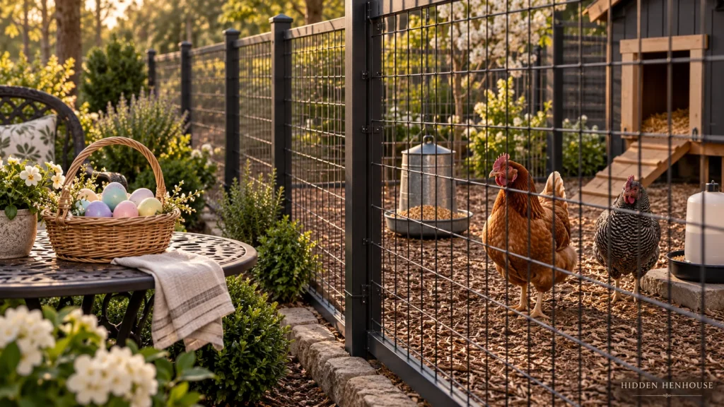 Illustration of a basket of pastel eggs on a garden table outside a fence, with two hens, feed and water inside the separate run.
