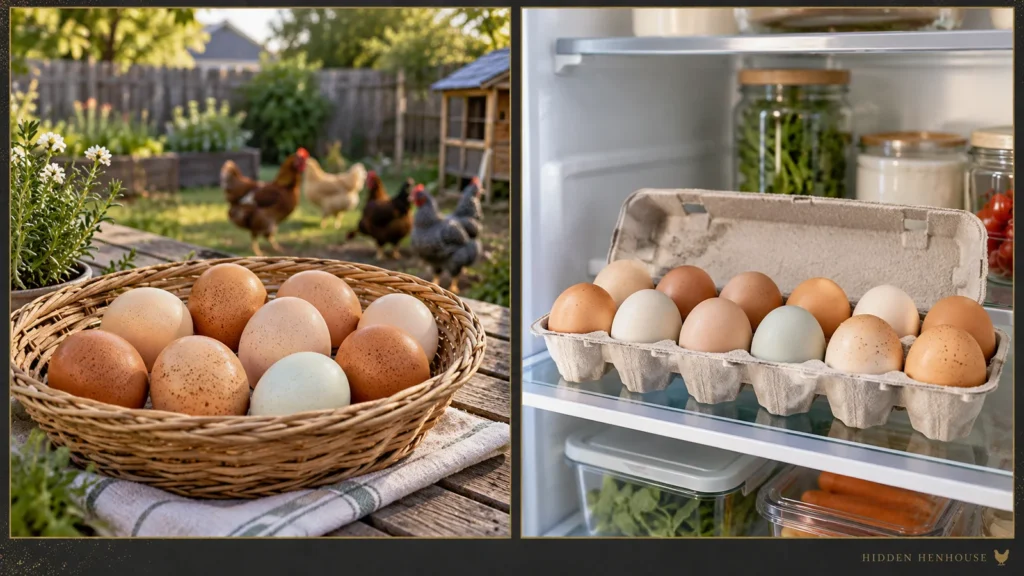 Side-by-side editorial illustration of clean eggs collected in an outdoor basket and eggs stored in a carton on a refrigerator shelf.