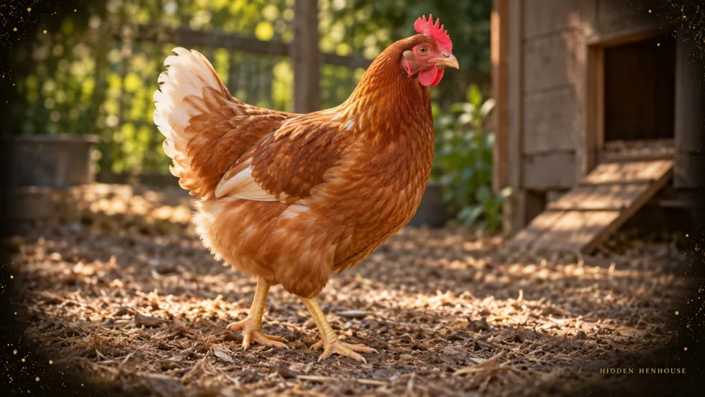 Representative Golden Comet-type sex-link hen with reddish-gold plumage, white tail accents, red single comb and clean yellow legs in a backyard run