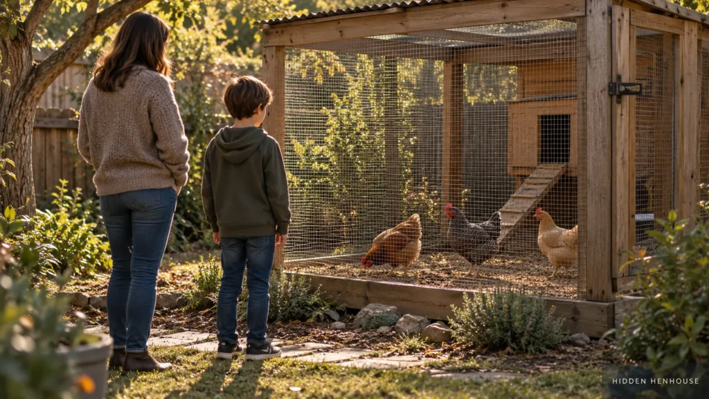 An older child and supervising adult observe hens from outside a secure backyard chicken run.