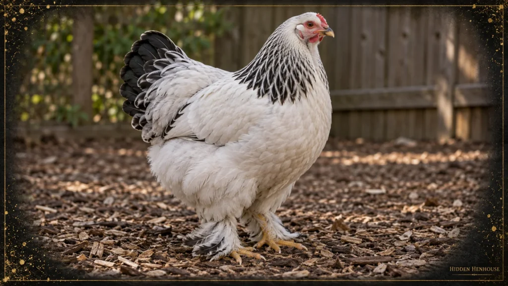 Light Brahma hen with white body, dark neck and tail markings, low pea comb and feathered yellow shanks and toes on dry backyard litter