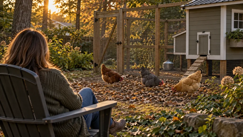 Adult seen from behind sitting outdoors and watching three hens forage beside a backyard coop.