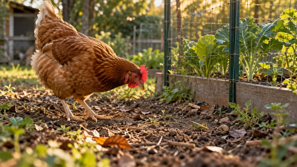 Brown hen looking toward a grasshopper on soil beside a fenced garden bed.