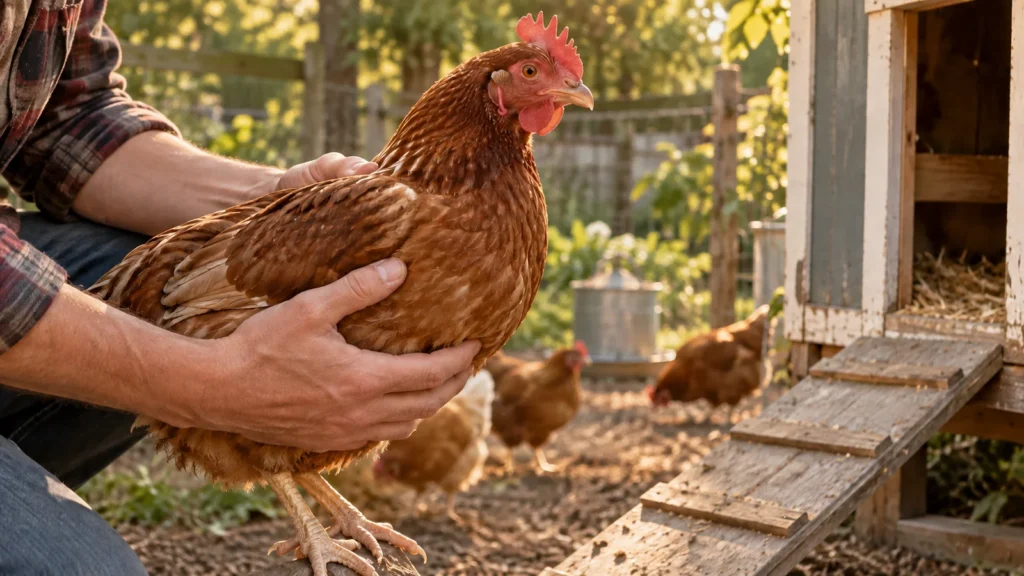 Adult hands gently supporting a brown hen beside a backyard coop while other hens forage in the background.