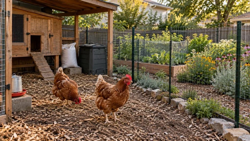 Two brown hens on a wood-chip run beside a coop, closed compost bin and feed sack, with garden plants protected behind a fence.