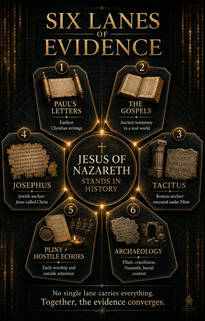 Infographic showing six lanes of historical evidence for Jesus of Nazareth, including Paul's letters, the Gospels, Tacitus, Josephus, Pliny and hostile echoes, and archaeology.