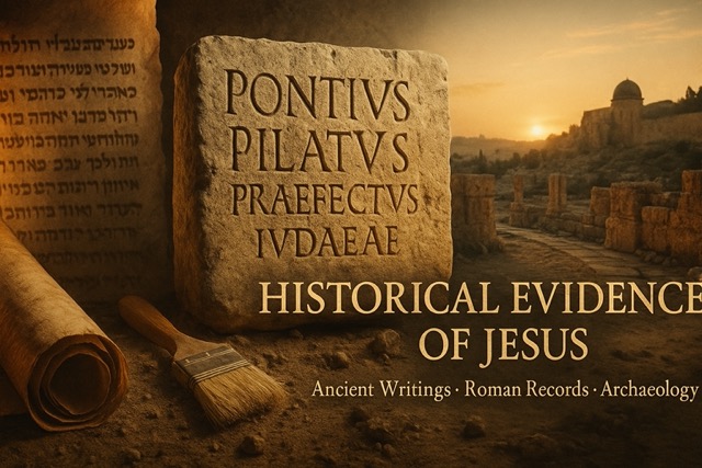 Ancient writings, Roman inscription, and archaeological ruins representing historical evidence of Jesus