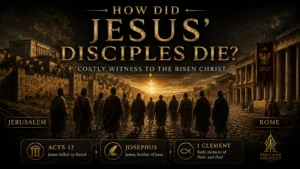 Cinematic image of Jesus’ disciples walking from Jerusalem toward Rome, showing Acts 12, Josephus, and 1 Clement as evidence for apostolic martyrdom.