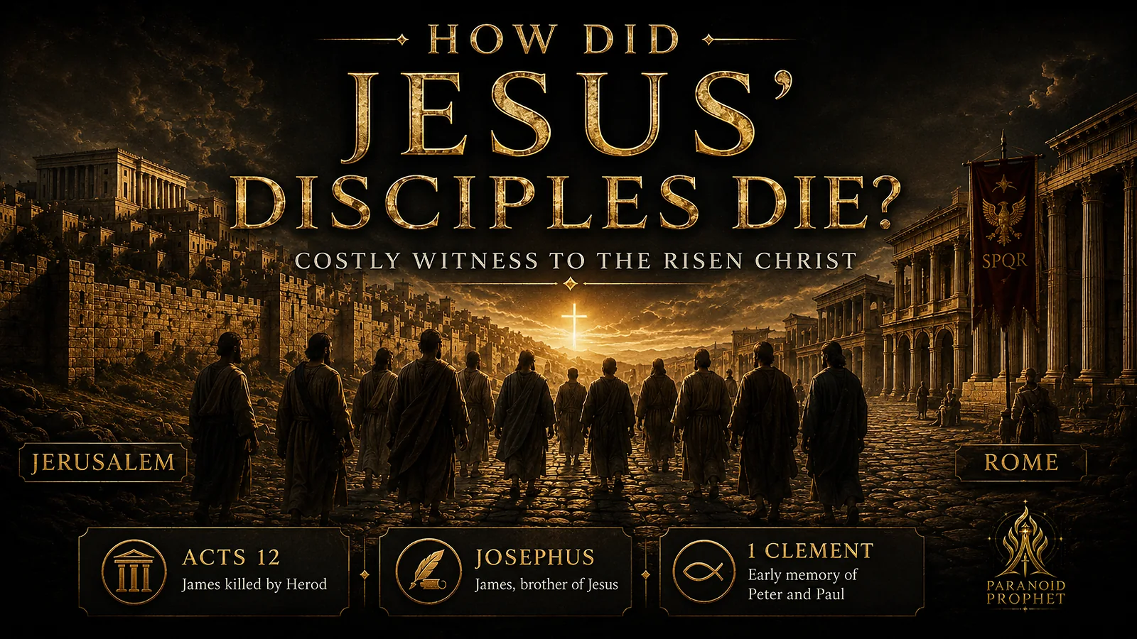 Cinematic image of Jesus’ disciples walking from Jerusalem toward Rome, showing Acts 12, Josephus, and 1 Clement as evidence for apostolic martyrdom.