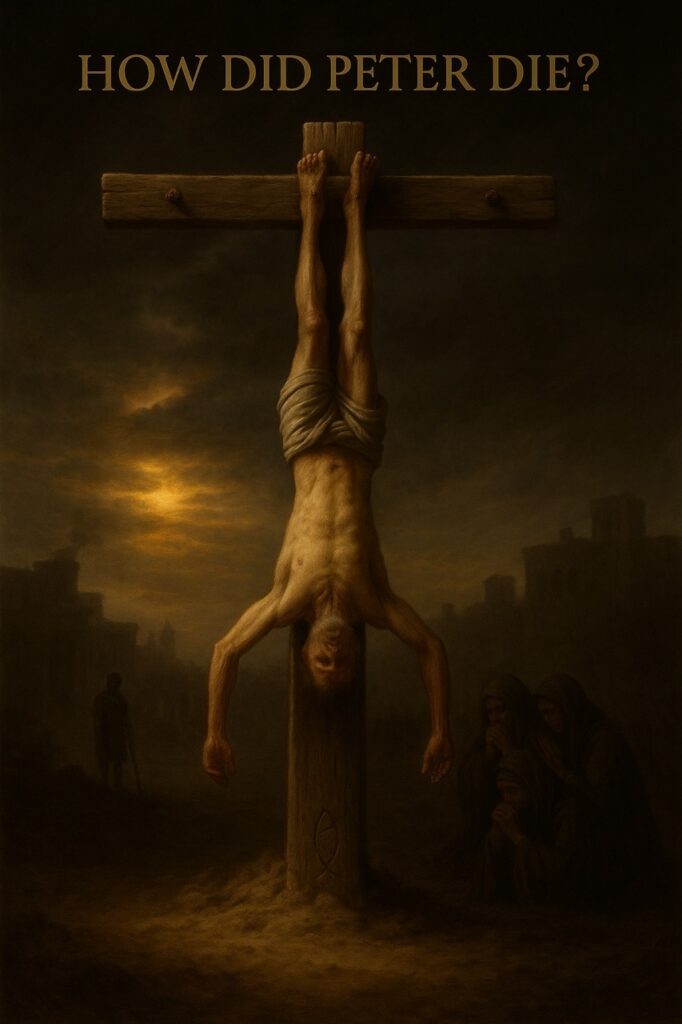 Peter crucified upside down in Rome, photorealistic symbolic depiction of martyrdom under Nero