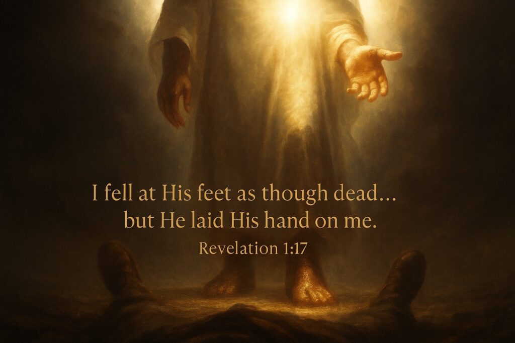 “Cinematic POV image looking up from the feet of Jesus in Revelation 1:17, showing burnished bronze feet and a radiant hand reaching down, with gold caption.”